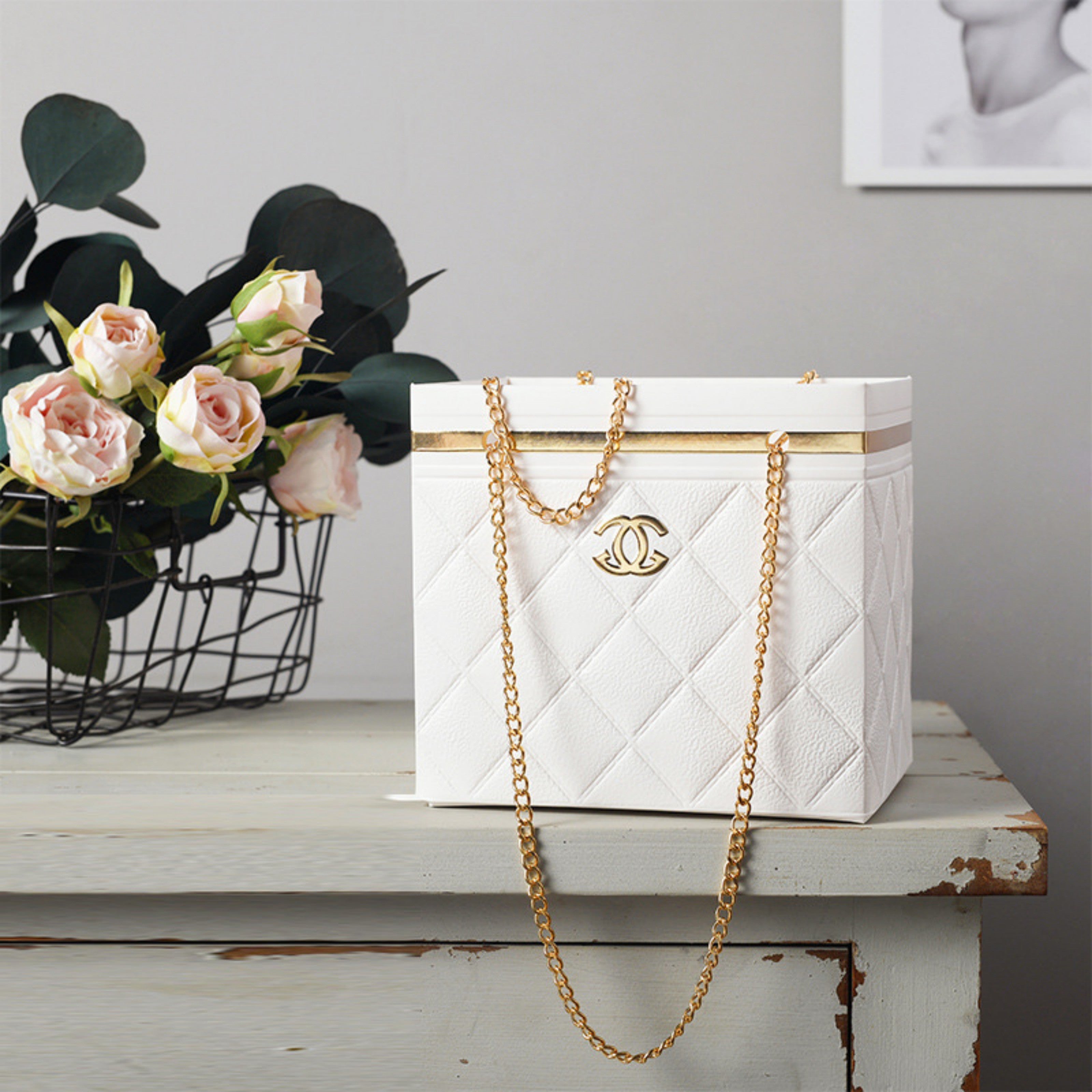 Flower Box with Chain Handles - White